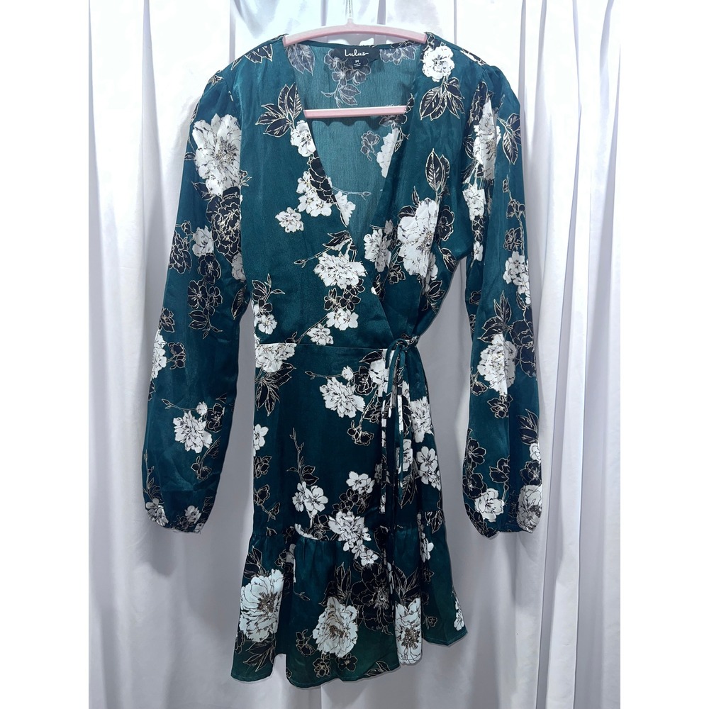 Lulus Emerald Green Floral Wrap Mini Dress Long Sleeve Satin Ruffle V-Neck M